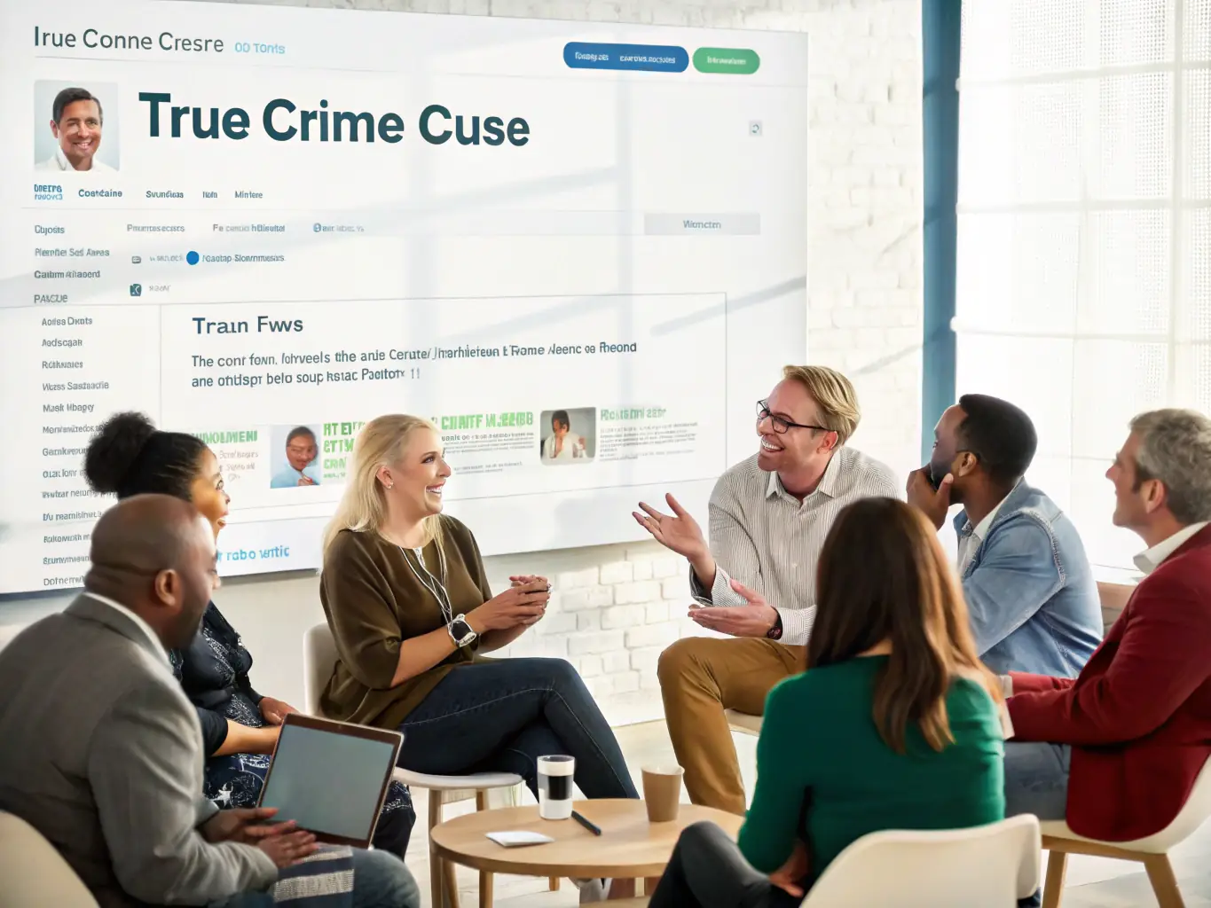 A digital image of a diverse group of people actively participating in a forum discussion, sharing theories and insights on a true crime case.