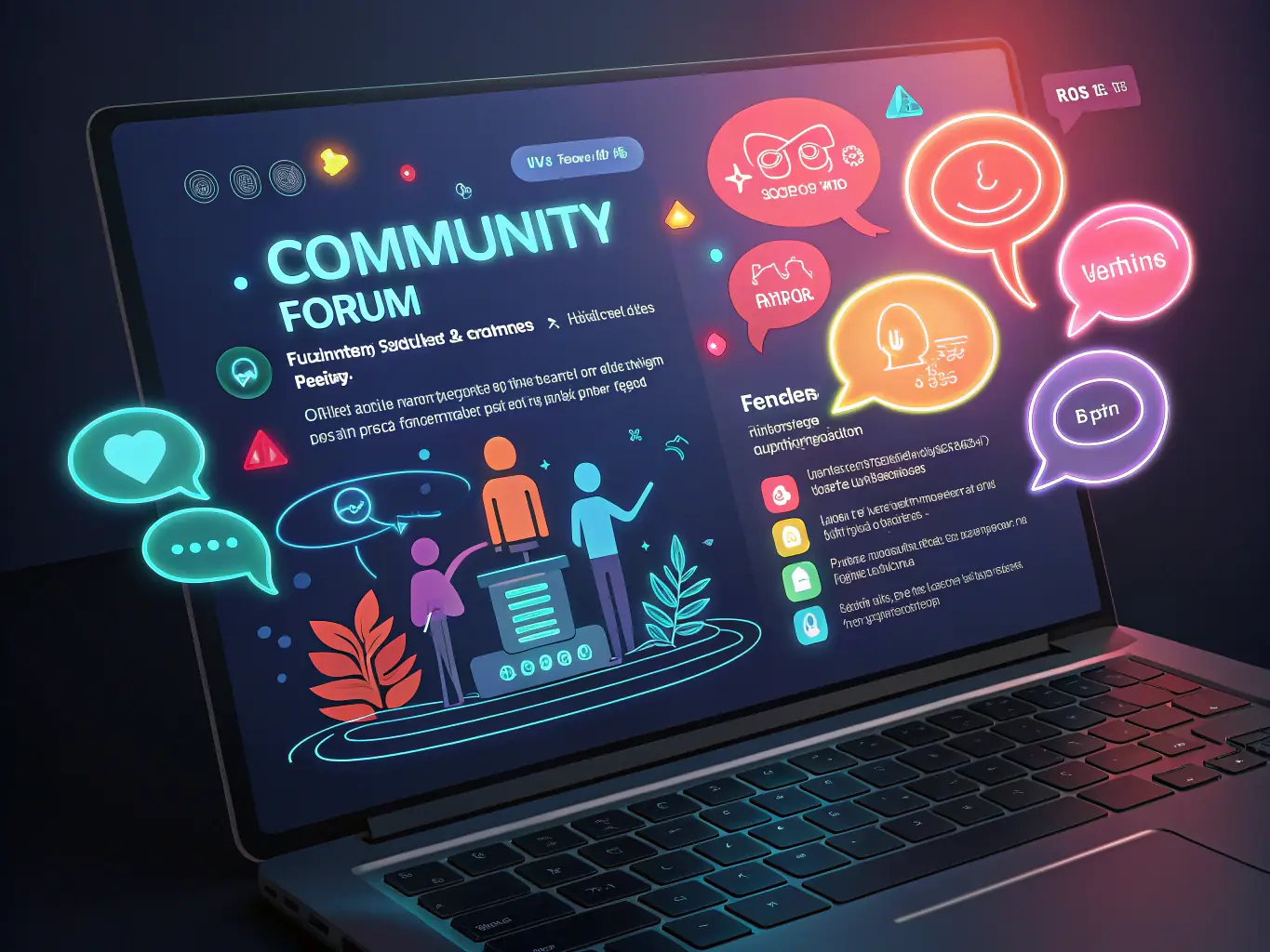 A digital illustration depicting a user-friendly forum interface with various discussion threads and interactive elements, set in a dimly lit, detective-themed environment.